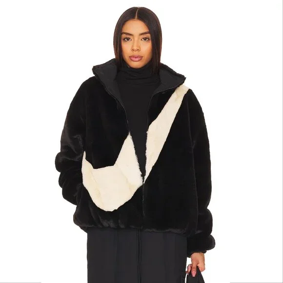 NIKE Faux Fur Plush Swoosh Teddy JACKET Size L Oversized Black Fossil Logo NEW - Picture 3 of 12